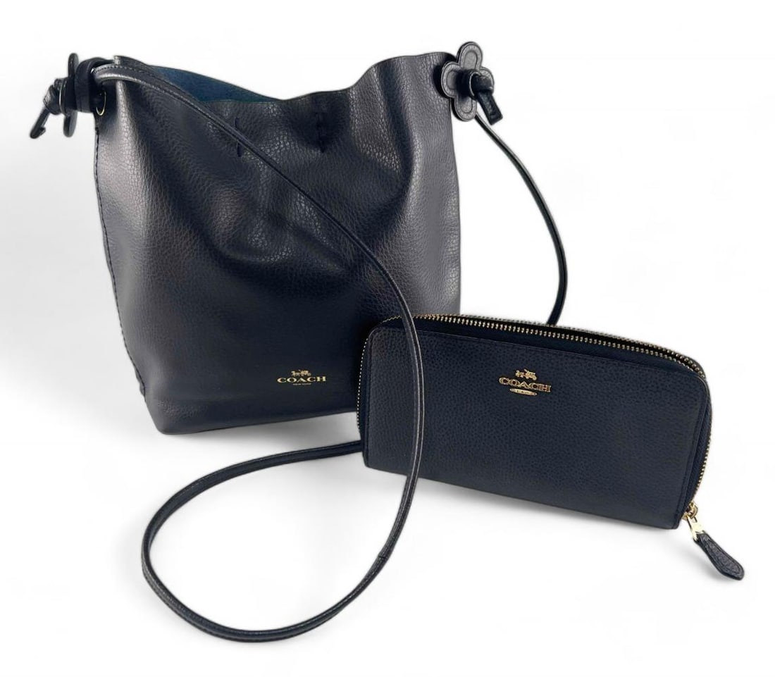 Coach Black Leather Drawstring Crossbody Purse & Wallet (1 of 19)