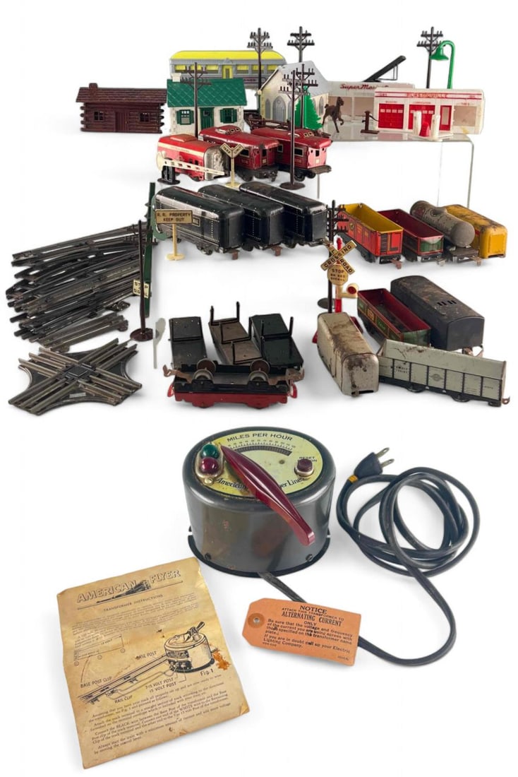 Train Set, Including Lionel Hafner Cars: Two A.C. Gilbert Co. Transformers and Train Set, Including Lionel & Hafner. Marked Rock Island, HafnerTrains, Lionel Lines, Generals Coal Co. and Santa Fe. Largest (Plasticville Diner) 9.0W x 3.25H x