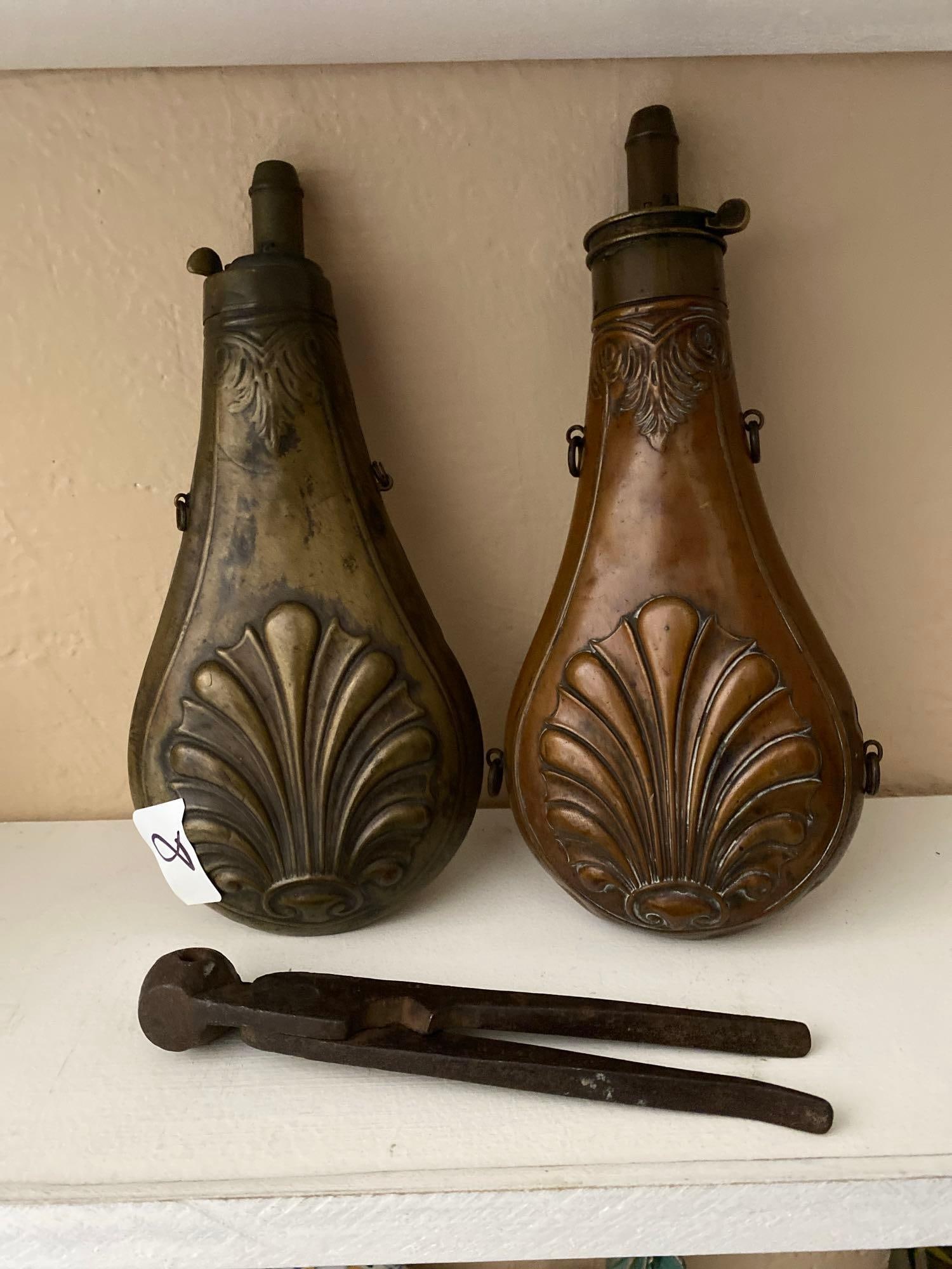 Two Civil War Era Copper And Brass Powder Flasks & Cast Iron Bullet Mold (1 of 4)