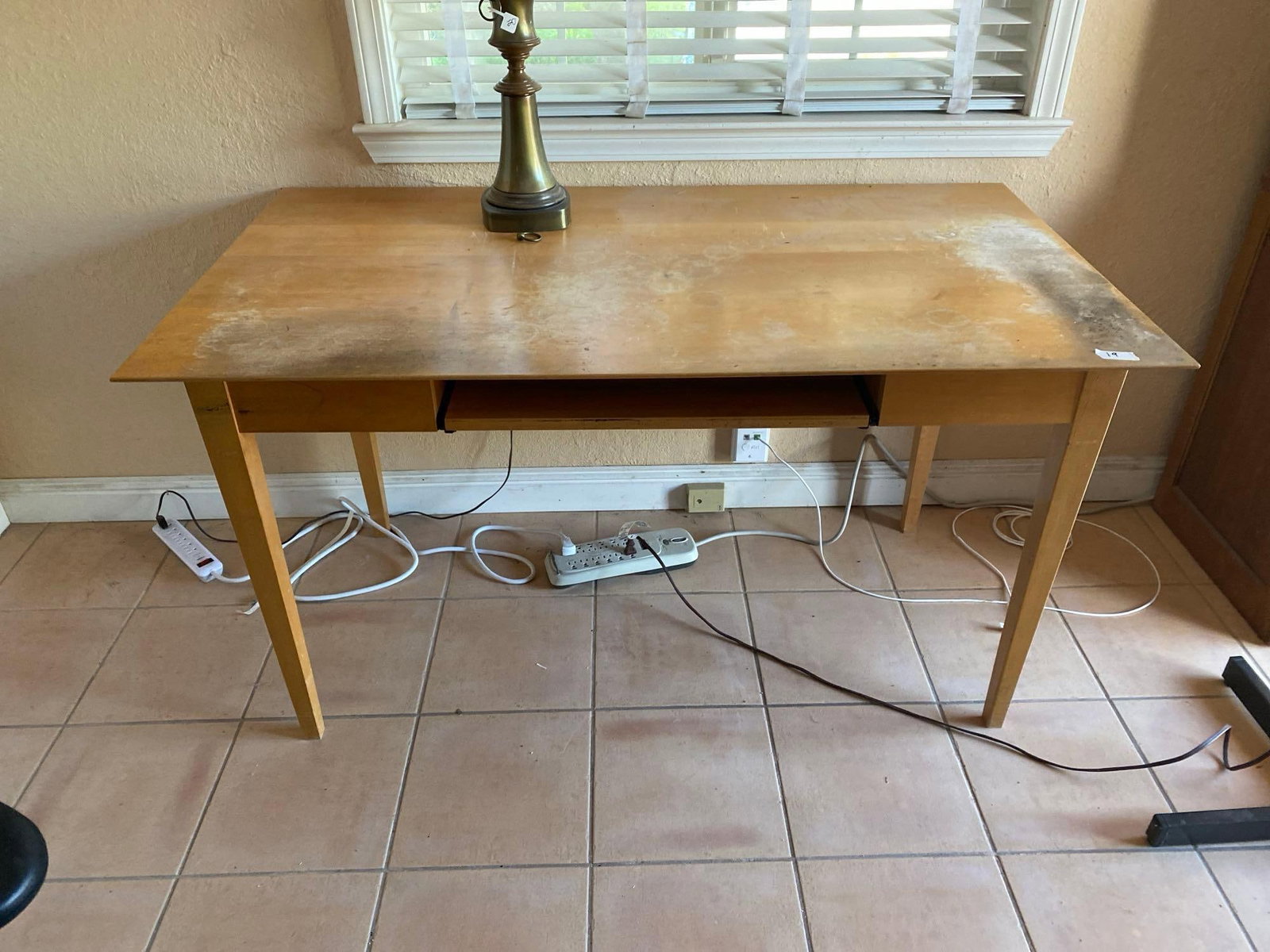 Mid-Century Style Desk With Sliding Drawer: Mid-century style wooden desk with sliding drawer. Approximately 54W x 30D in. NO SHIPPING AVAILABLE FOR THIS LOT, LOCAL PICK UP ONLY