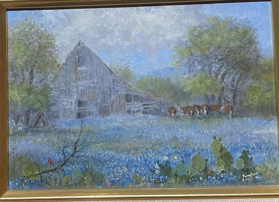 Landscape With Barn & Wildflowers, Oil On Board: Landscape with barn & wildflowers, oil on board, signed Illegibly.