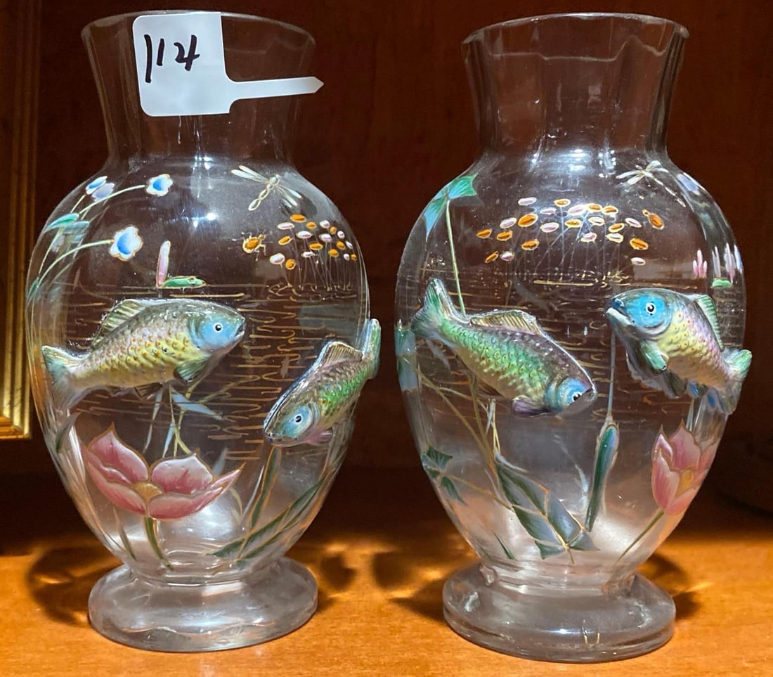 Pair Of Enameled Art Glass Fish Motif Vases, Manner Of Moser (1 of 7)