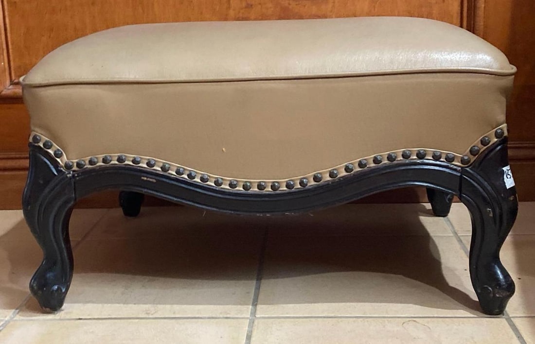 Antique Ottoman With Leather Upholstery: Antique ottoman with leather upholstery. NO SHIPPING AVAILABLE FOR THIS LOT, LOCAL PICK UP ONLY
