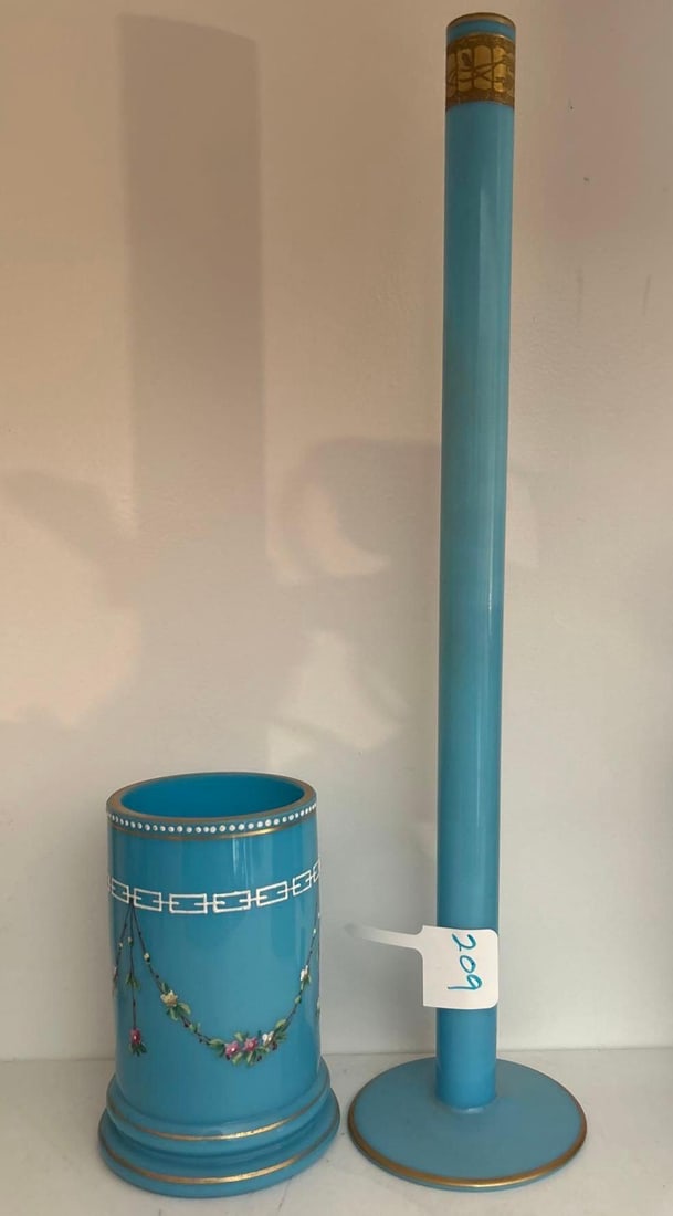 Two Blue Opaline Glass Vases: Two Blue Opaline Glass Vases. taller piece approximately 12.0H x 2.5W in.