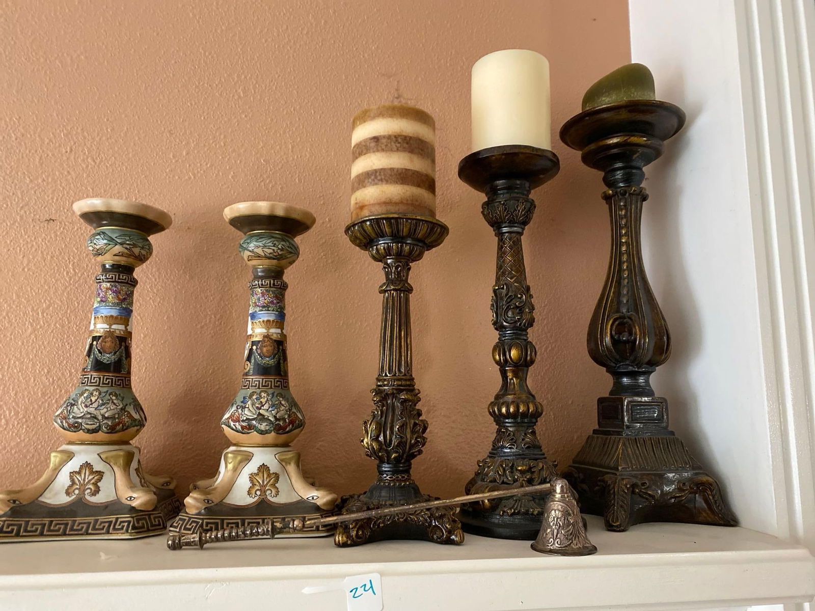 Grouping Of Wood & Porcelain Candlesticks: Grouping of Wood & Porcelain Candlesticks.