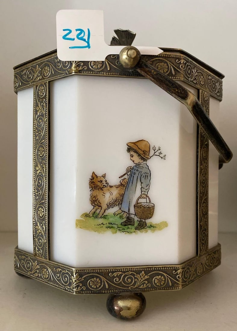 Antique Humidor With Child & Dog Motif: Antique Humidor With Child & Dog Motif.