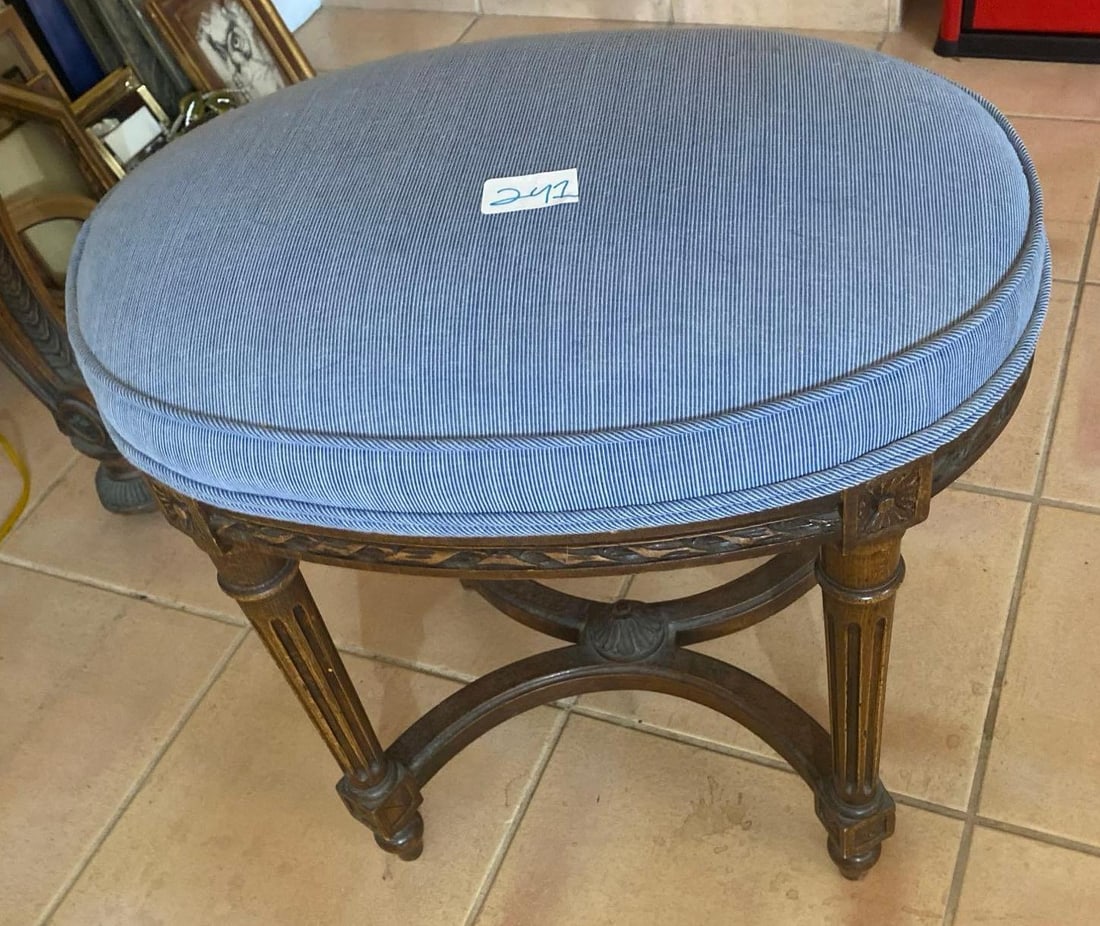 Antique Upholstered Stool: Antique Upholstered Stool. Approximately 19.5W x 18.0H in. NO SHIPPING AVAILABLE FOR THIS LOT, LOCAL PICK UP ONLY