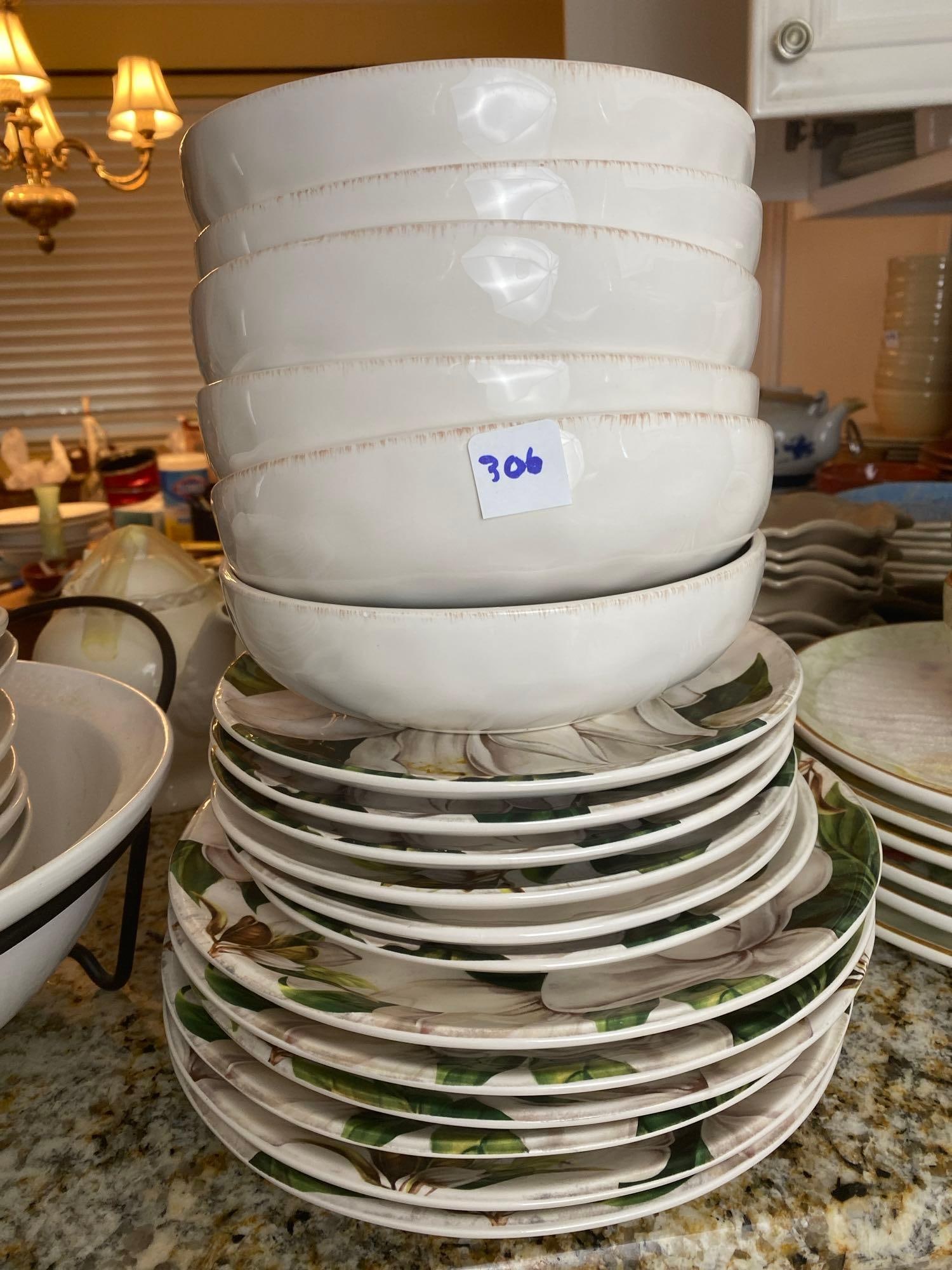 Set Of Magnolia Pattern Bowls, Dinner Plates, And Salad Plates: Set of pier 1 imports ,six large plates, six smaller plates and six bowls. NO SHIPPING AVAILABLE FOR THIS LOT, LOCAL PICK UP ONLY