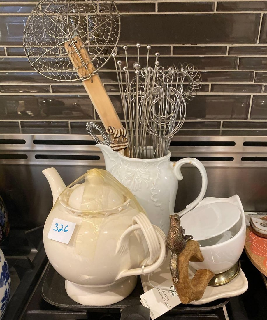 Kitchen Utensils, Ceramics, And Teapot: Kitchen utensils, ceramics, and teapot. NO SHIPPING AVAILABLE FOR THIS LOT, LOCAL PICK UP ONLY