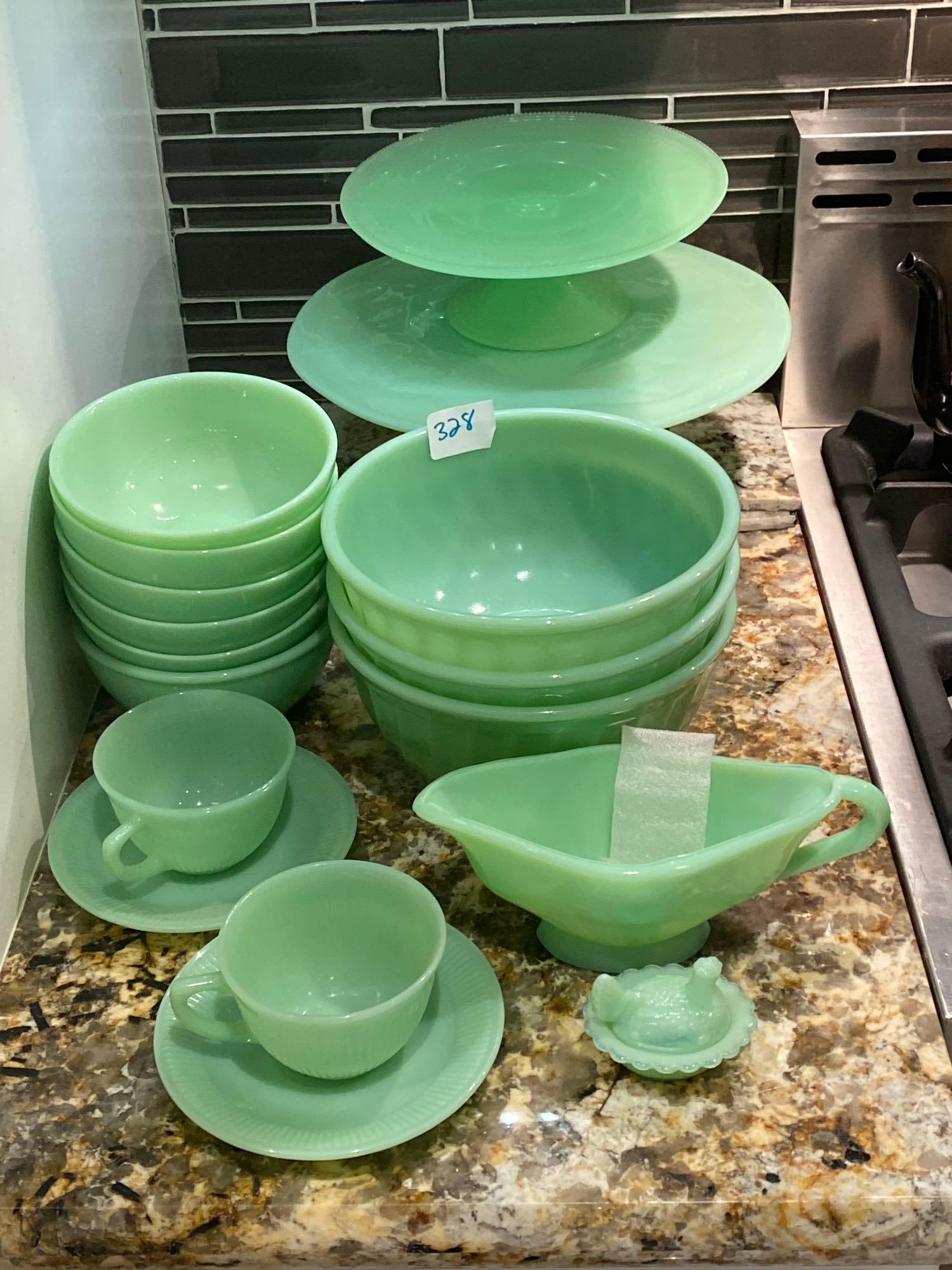 Lot Of Jadeite Ware, Including Two Footed Cake Plates (1 of 4)
