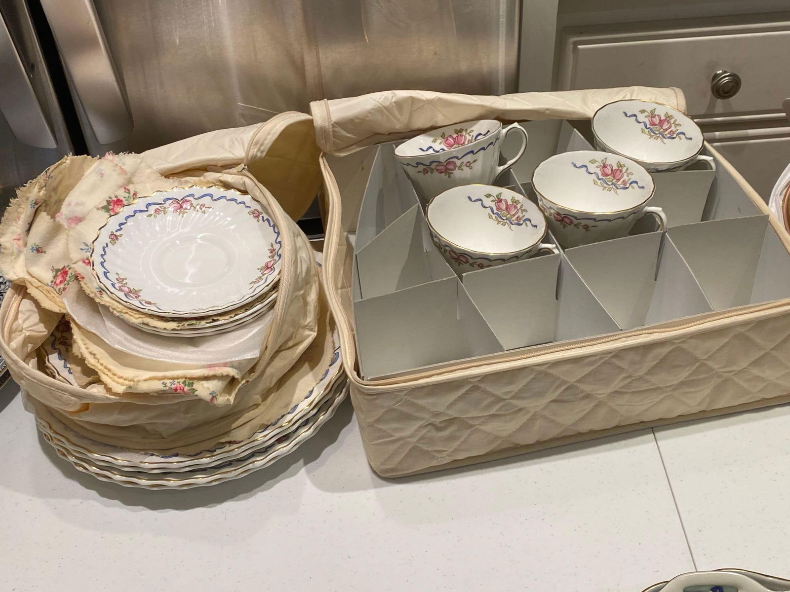 Royal Dalton,The Beverly Pattern English Bone China Set: Royal Dalton,The Beverly pattern English bone china set. Includes four dinner plates four salad plates for dessert plates, four teacups & four saucers.