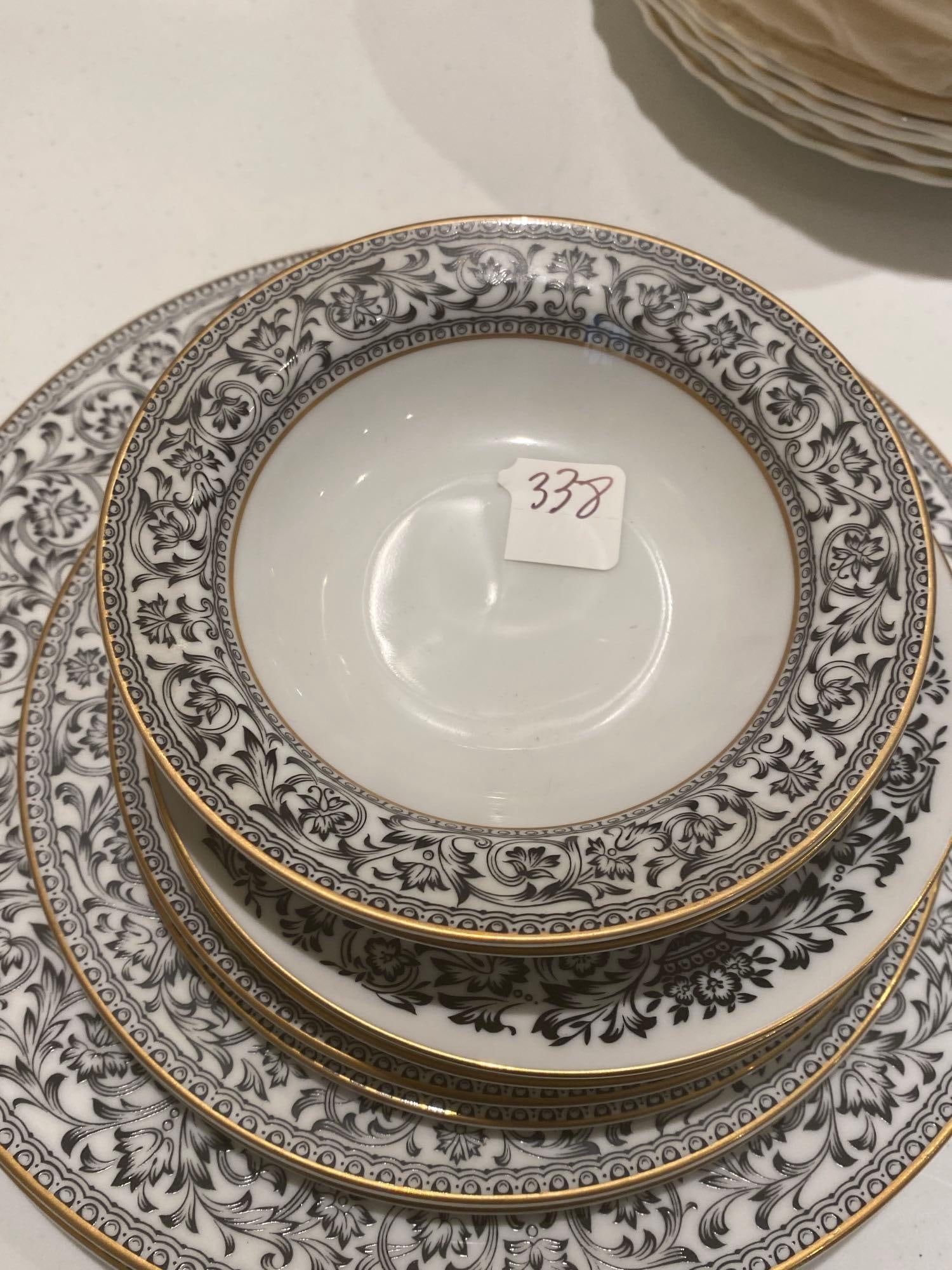 Black & White Spanish Lace Tableware: Black & white Spanish lace tableware. Includes two dinner plates, two salad plates, two dessert plates, two bowls, two saucers