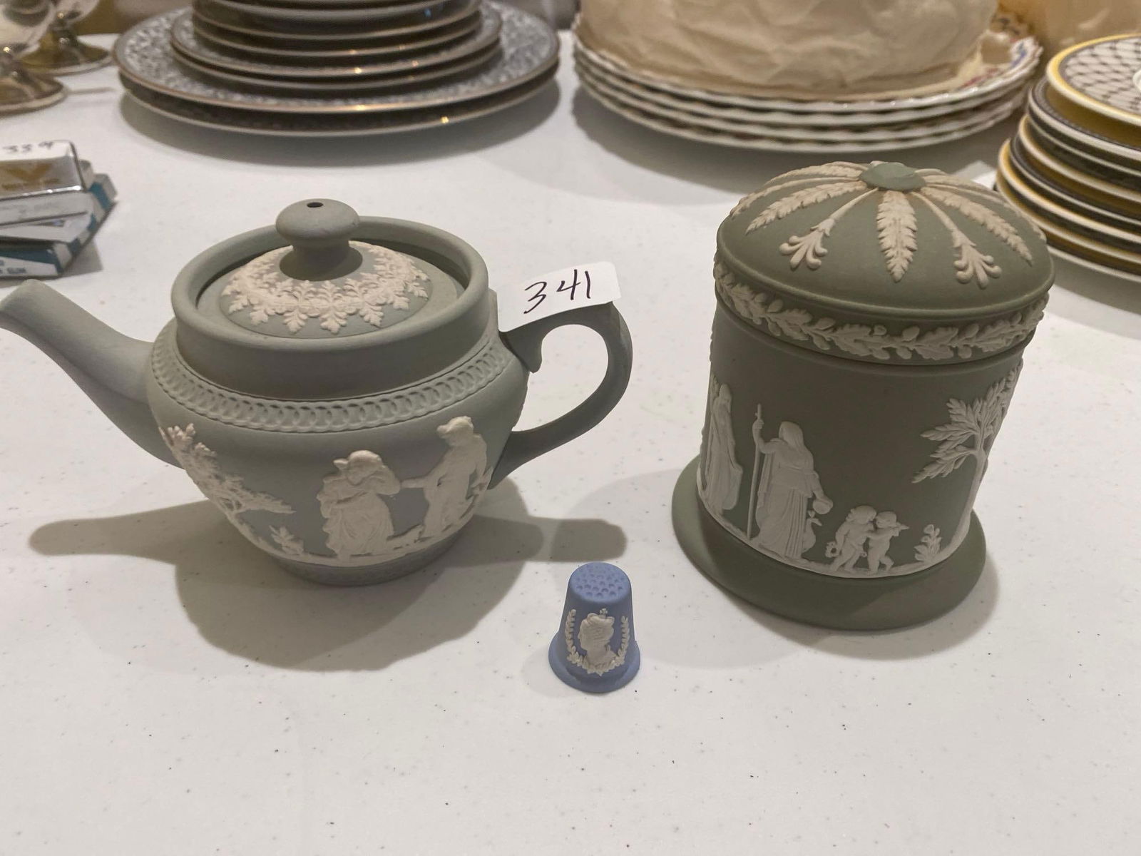 Jasperware Jar, Thimble, And Teapot: Jasperware jar, thimble, and teapot.
