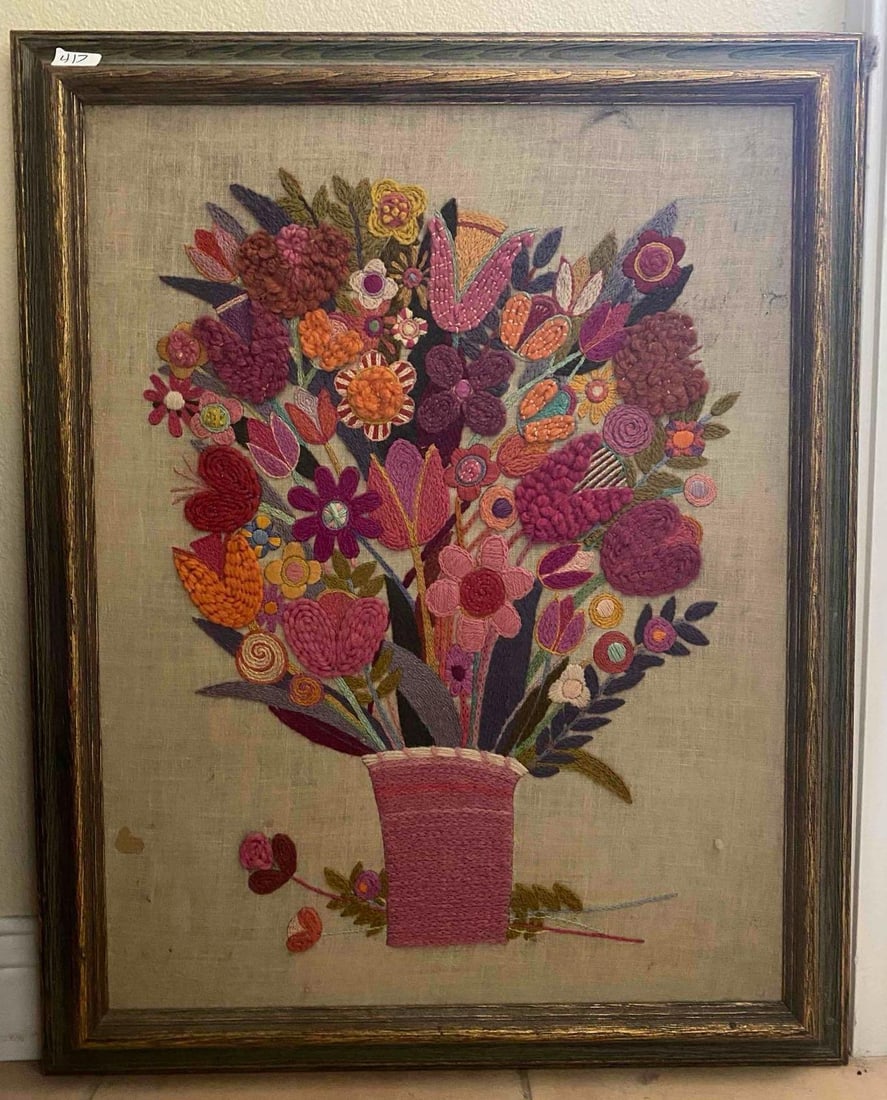 Vintage Crewel Work Embroidery Panel (1 of 2)
