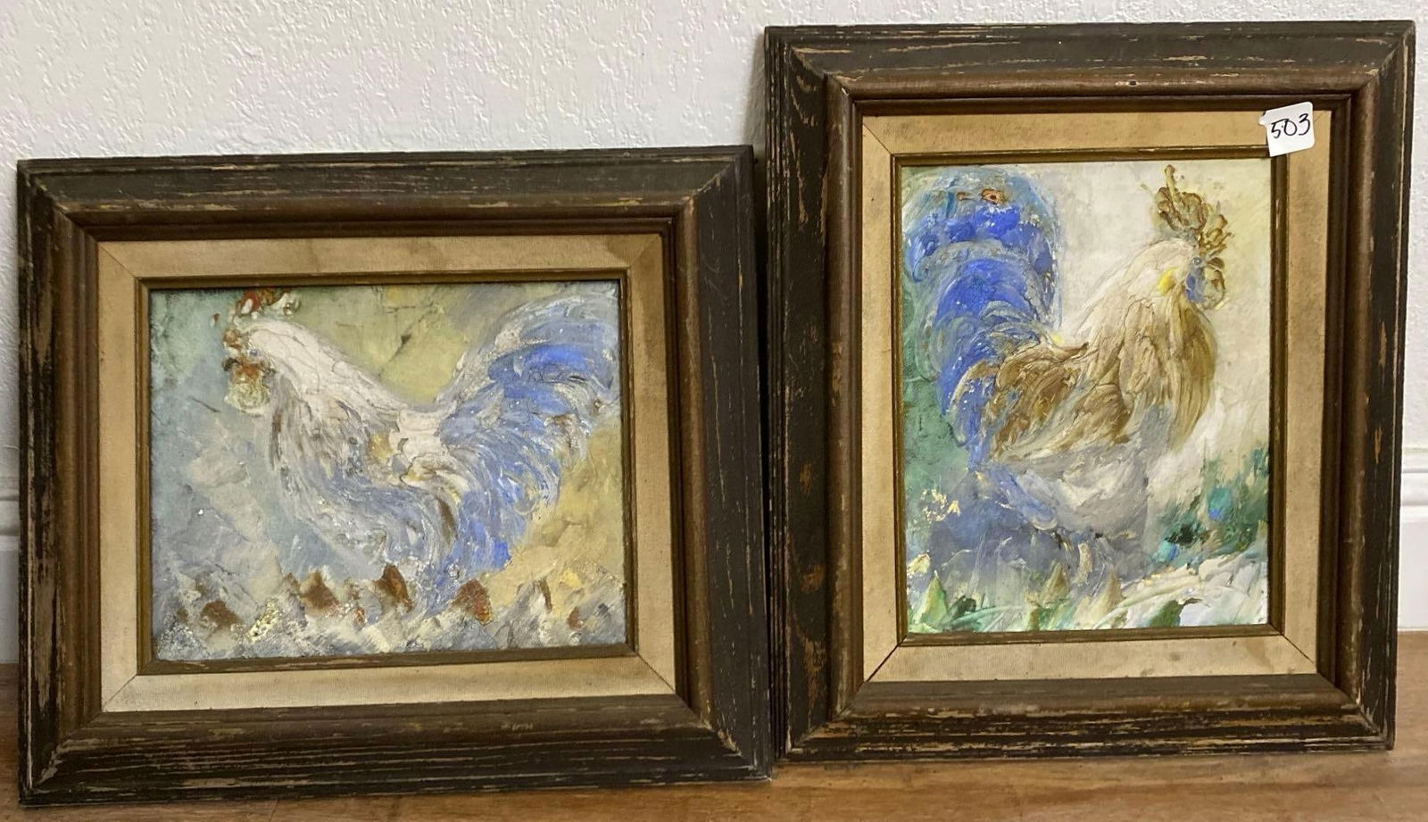 Pair Of Blue-Tone Rooster Paintings, Oil On Canvas (1 of 6)