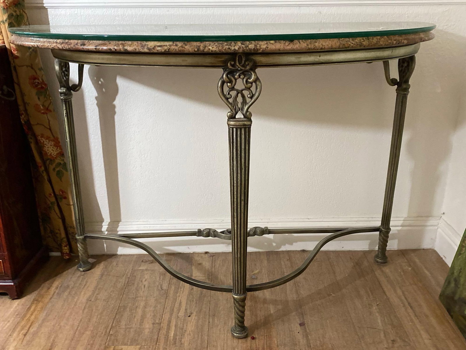 Marble Topped Accent Table: Marble topped accent table. Approximately 44.5W x 30.0H x 18.0D in. NO SHIPPING AVAILABLE FOR THIS LOT, LOCAL PICK UP ONLY