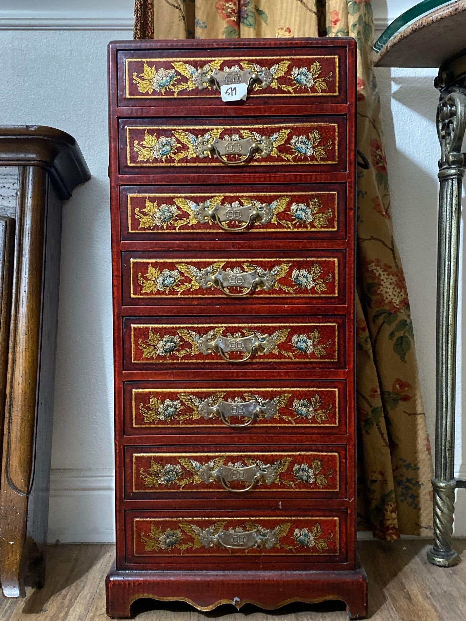 Asian Style Eight Drawer Cabinet: Asian style eight drawer cabinet. Approximately 28.0H x 12.75W x 9.5D in. NO SHIPPING AVAILABLE FOR THIS LOT, LOCAL PICK UP ONLY