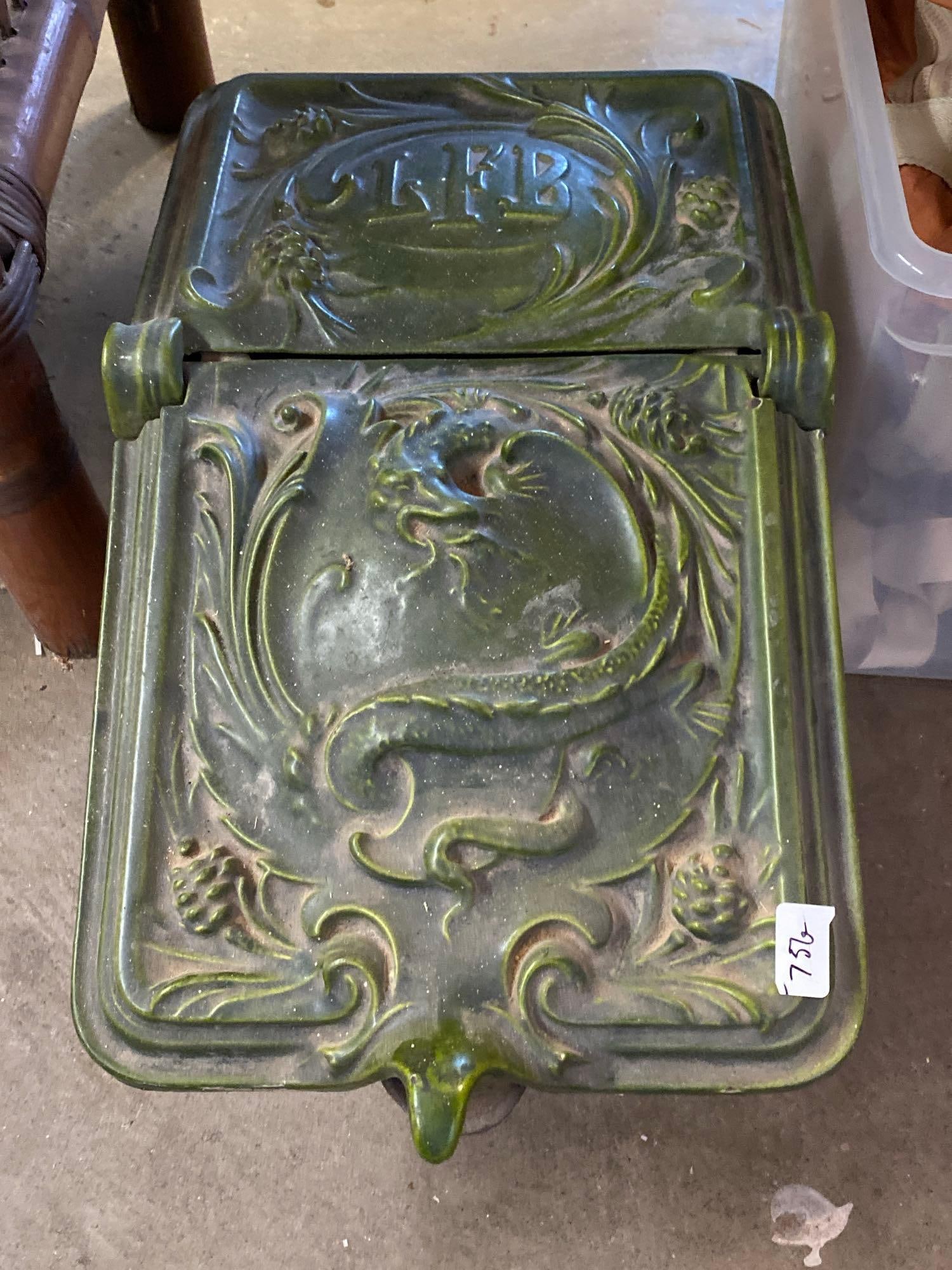 Antique Victorian Green Enameled Cast-Iron Coal Scuttle With Dragon Motif (1 of 3)