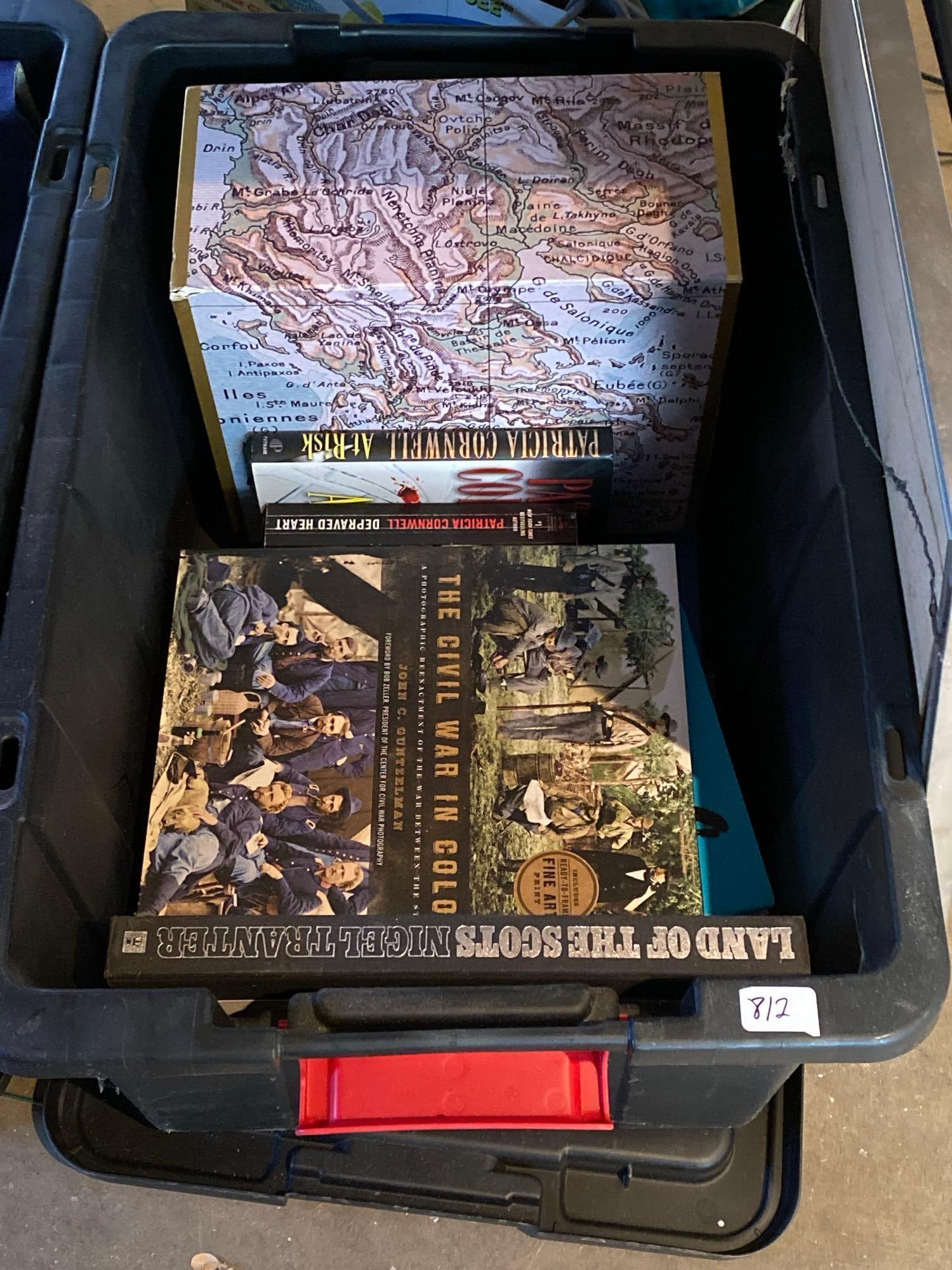 Bin Of Books & Decorative Box: Bin of books & decorative box. NO SHIPPING AVAILABLE FOR THIS LOT, LOCAL PICK UP ONLY