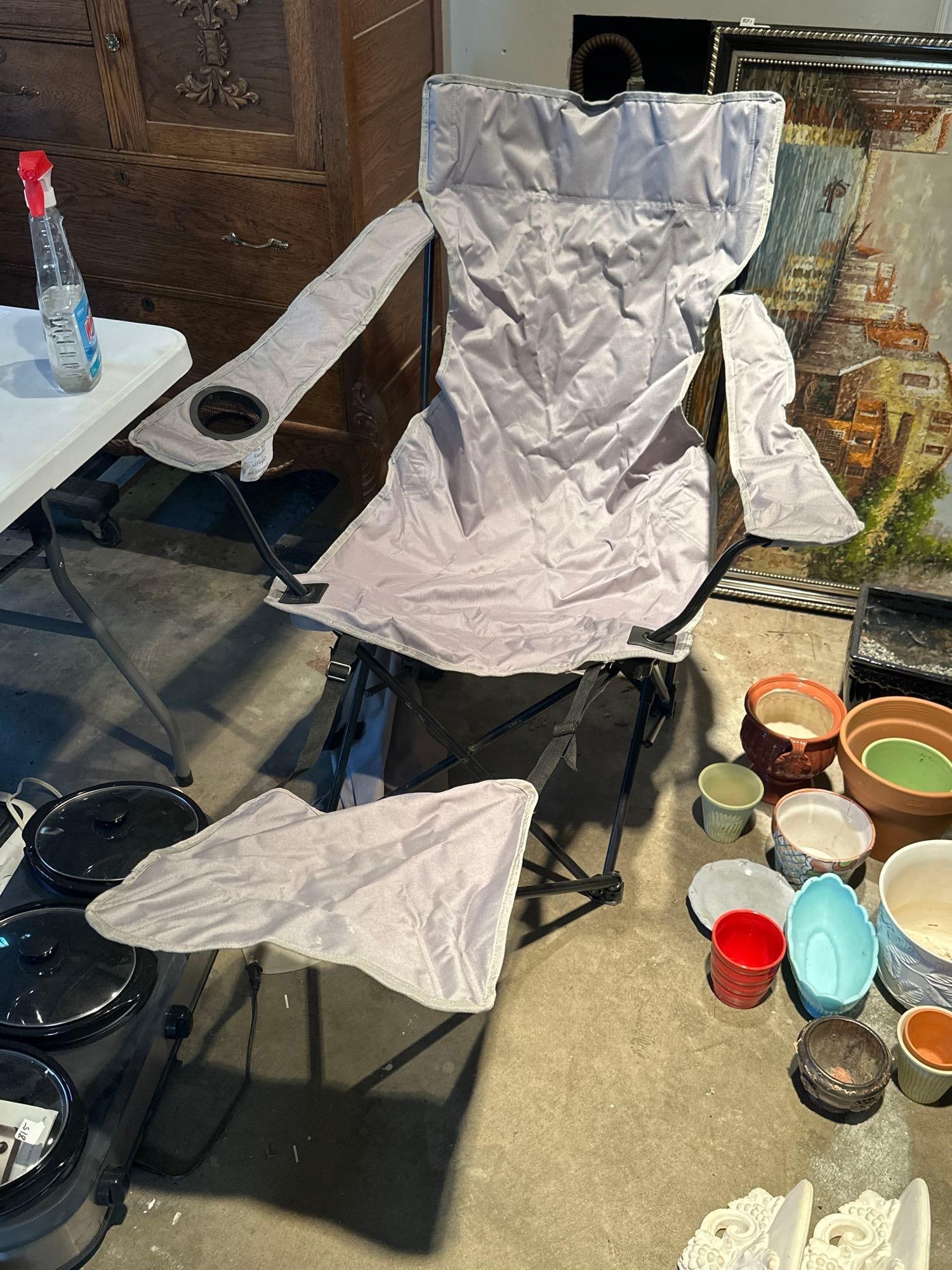 Gray Folding Chair With Built-In Footrest & Cup Holder: Gray folding chair with built-in footrest & cup holder. NO SHIPPING AVAILABLE FOR THIS LOT, LOCAL PICK UP ONLY