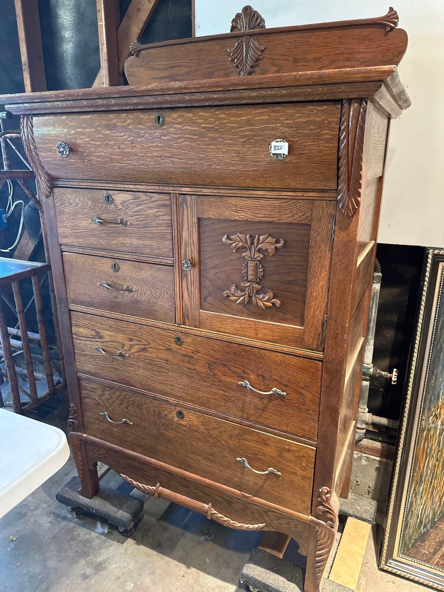 Antique Tiger Oak Highboy Dresser (1 of 3)