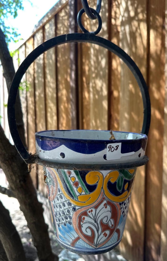 Mexican Painted Pot In Wrought Iron Hanger (1 of 5)