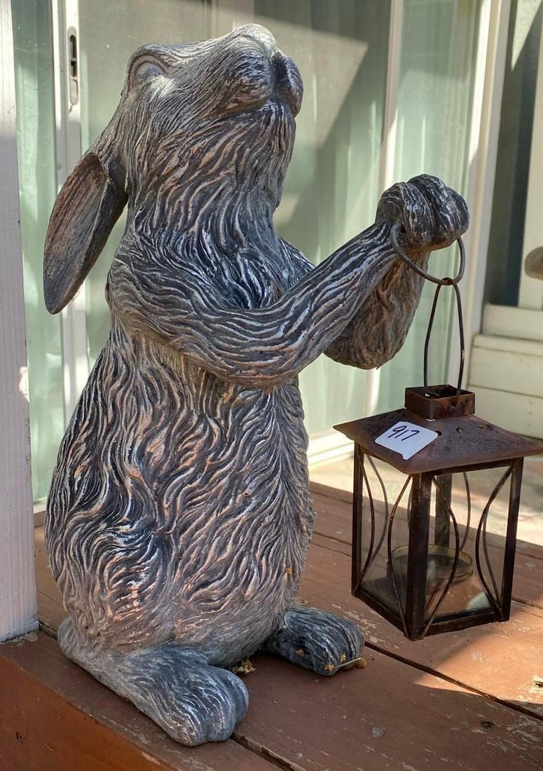 Composite Bunny With Lantern Garden Sculpture (1 of 1)