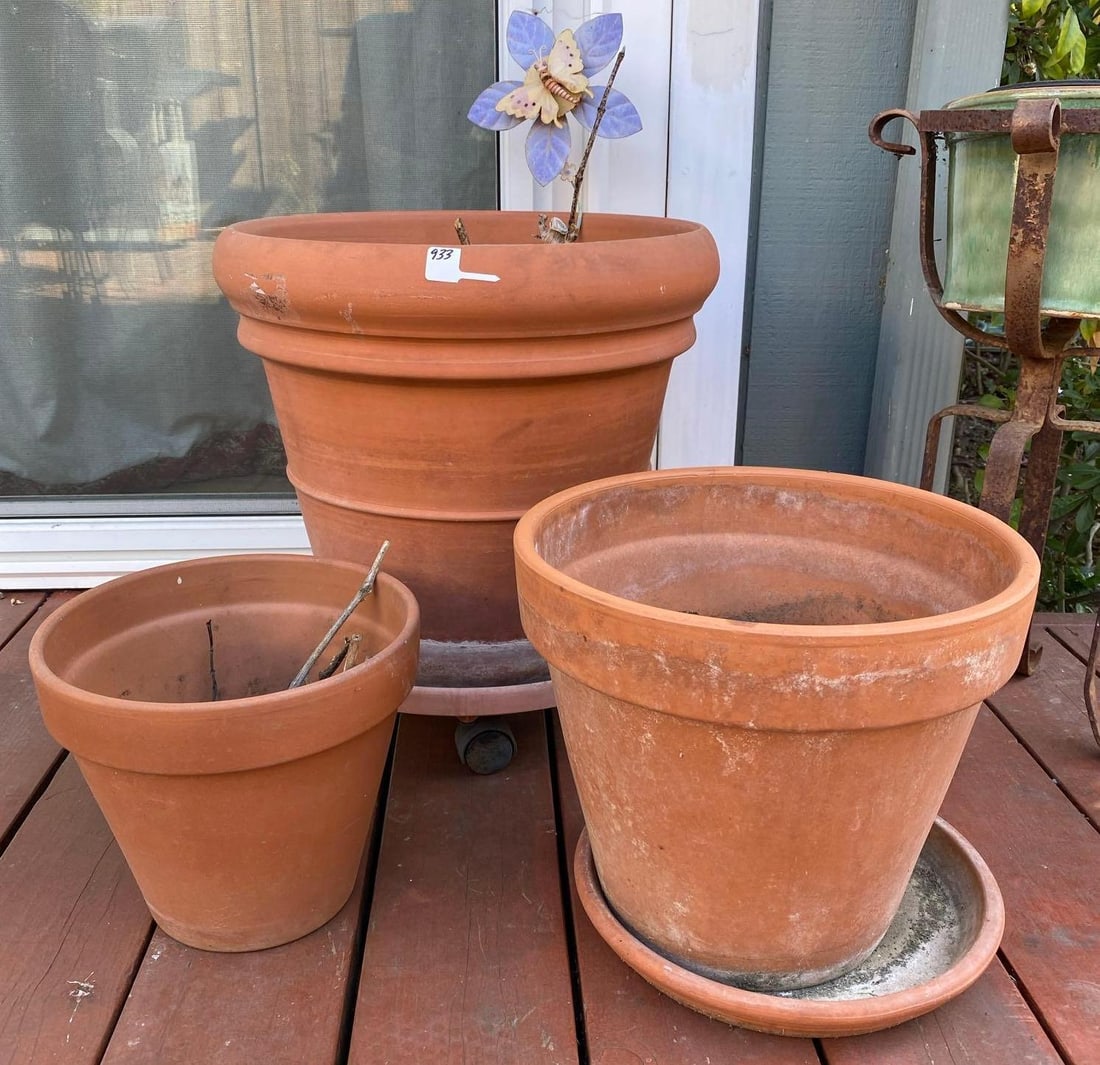 Three Terra-Cotta Pots, One With Plant Caddy (1 of 3)