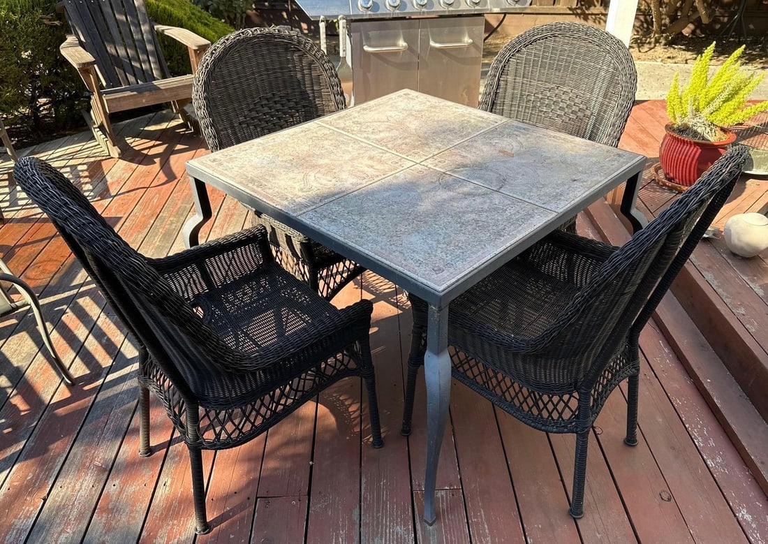 Wrought Iron Tile Top Outdoor Table With Four Wicker Chairs (1 of 6)