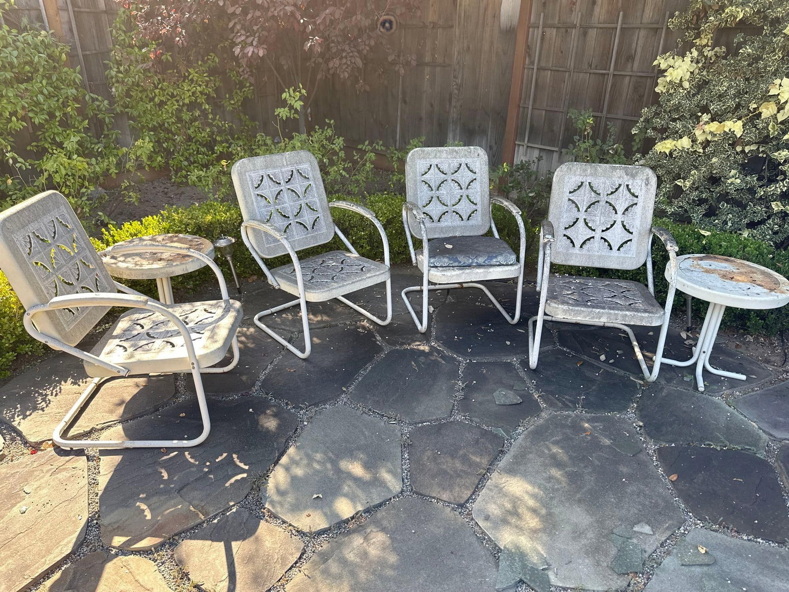 Four Metal Chairs With Side Tables: Four metal chairs with side tables. NO SHIPPING AVAILABLE FOR THIS LOT, LOCAL PICK UP ONLY