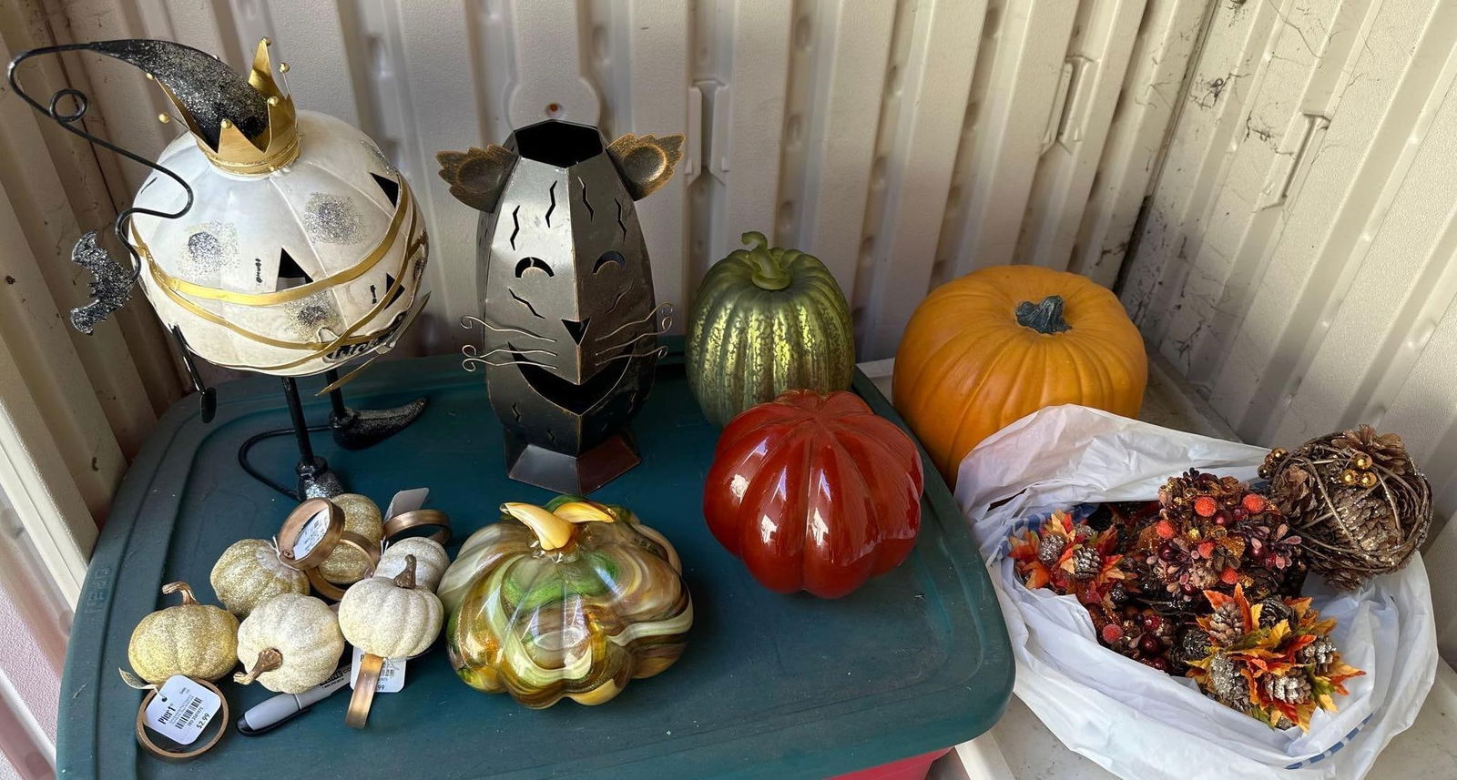 Box Of Halloween Decor, Including Art Glass Pumpkin (1 of 5)