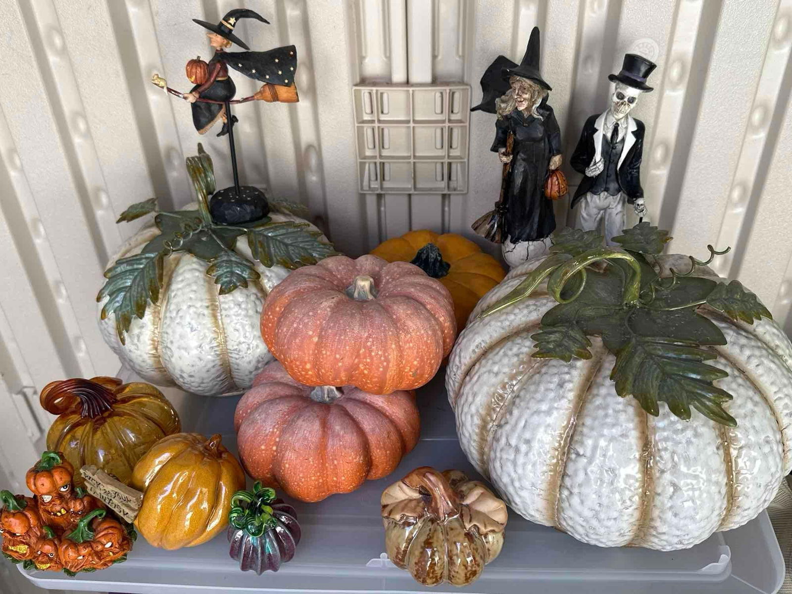 Box Of Halloween Decor, Including Large Metal Pumpkins, Art Glass Pumpkins (1 of 5)