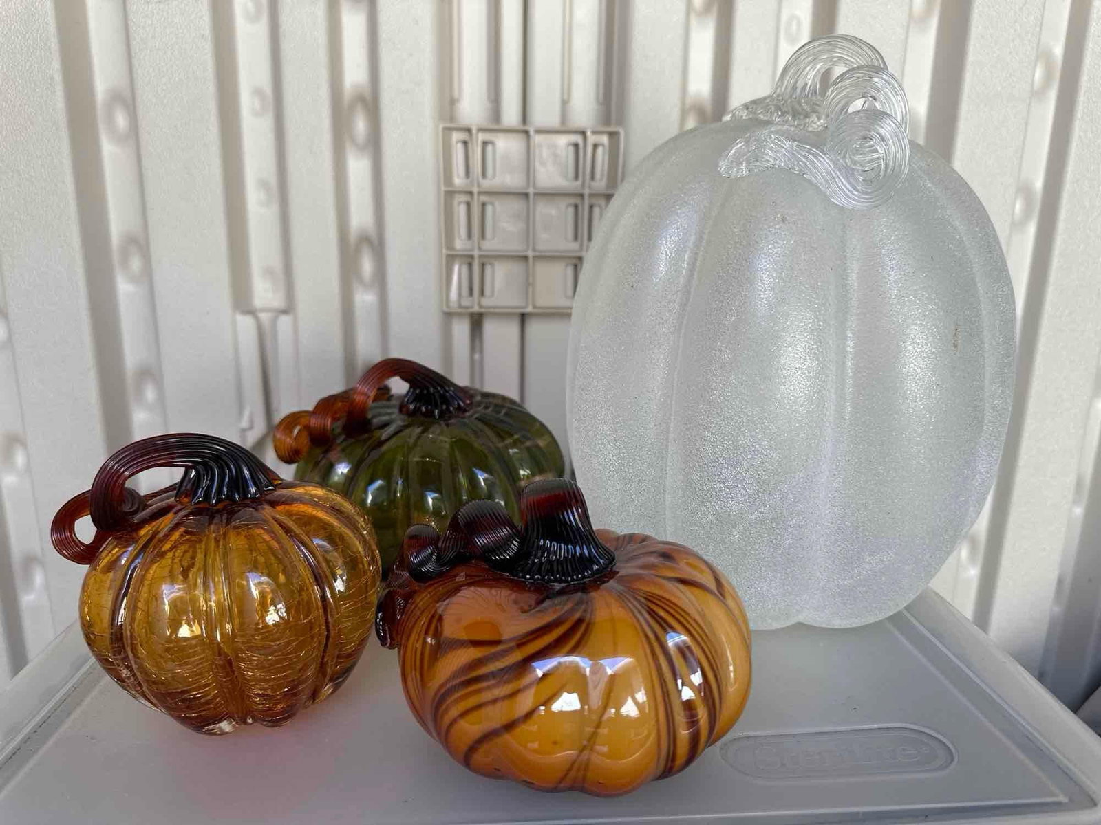 Lot Of Art Glass Pumpkins & Other Halloween Decorations: Lot of art glass pumpkins & other Halloween decorations. Largest glass pumpkin approximately 10.0H x 7.0W in. NO SHIPPING AVAILABLE FOR THIS LOT, LOCAL PICK UP ONLY
