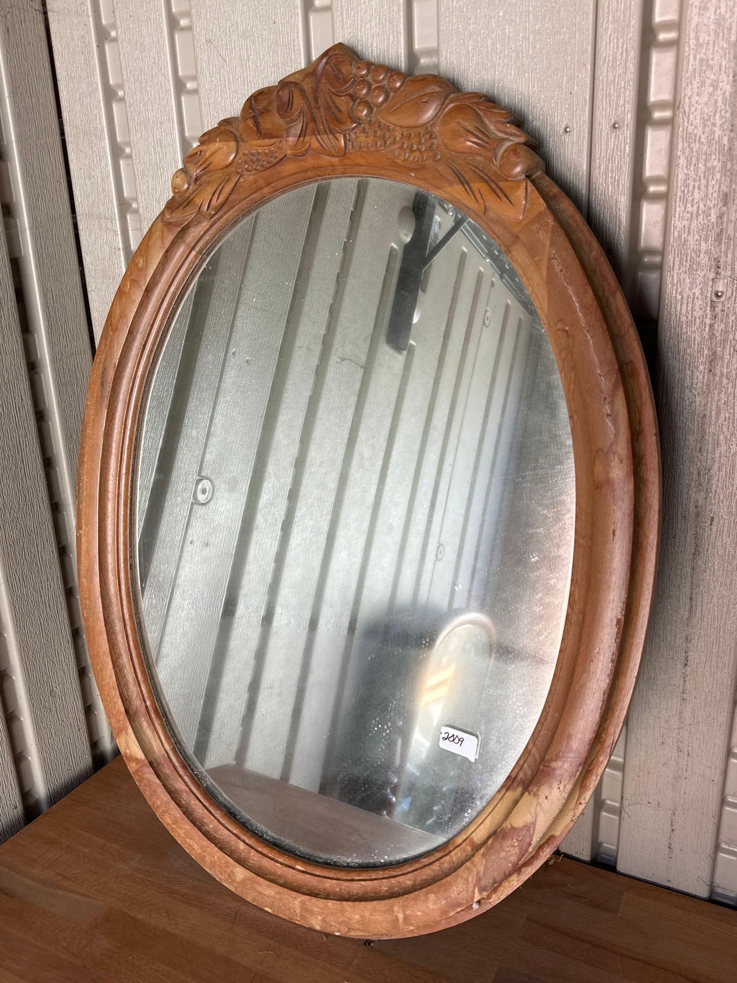 Vintage Wooden Wall Mirror With Fruit Motif: Vintage wooden wall mirror with fruit motif. Approximately 29H x 21.5W in. NO SHIPPING AVAILABLE FOR THIS LOT, LOCAL PICK UP ONLY