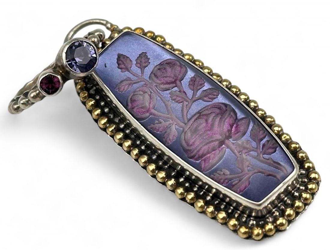 Mars & Valentine Sterling Silver Glass Intaglio Pendant: Mars & Valentine Sterling Silver Glass Intaglio Pendant, 15.8g. Marked sterling, signed "M." Approximately 2.5L x 0.75W in. (includes bale).