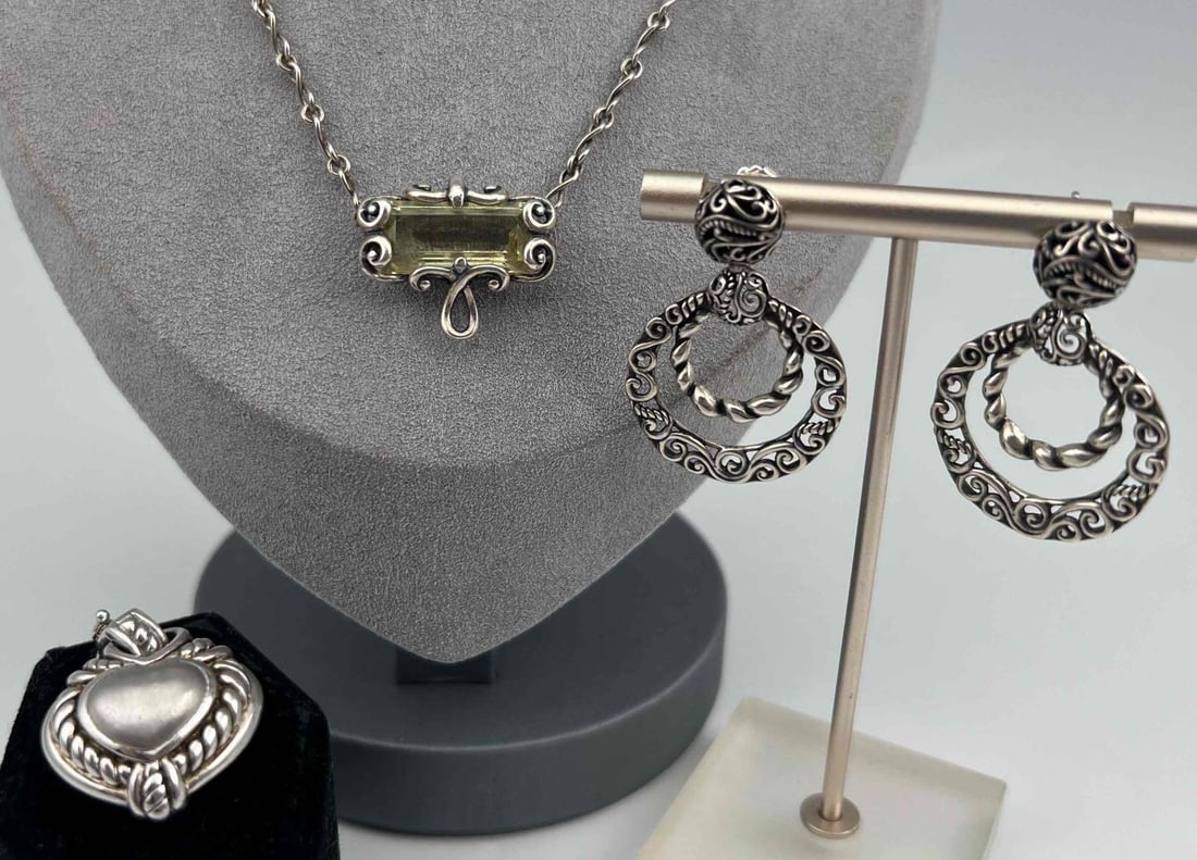 Sterling Silver Jewelry Group: Sterling Silver Jewelry Group, Including Judith Ripka, 41.9g. Marked 925. Heart pendant marked "Judtih Ripka." Necklace length approximately 18.25in. Earrings approximately 1.5L x 1.0W in. Heart penda