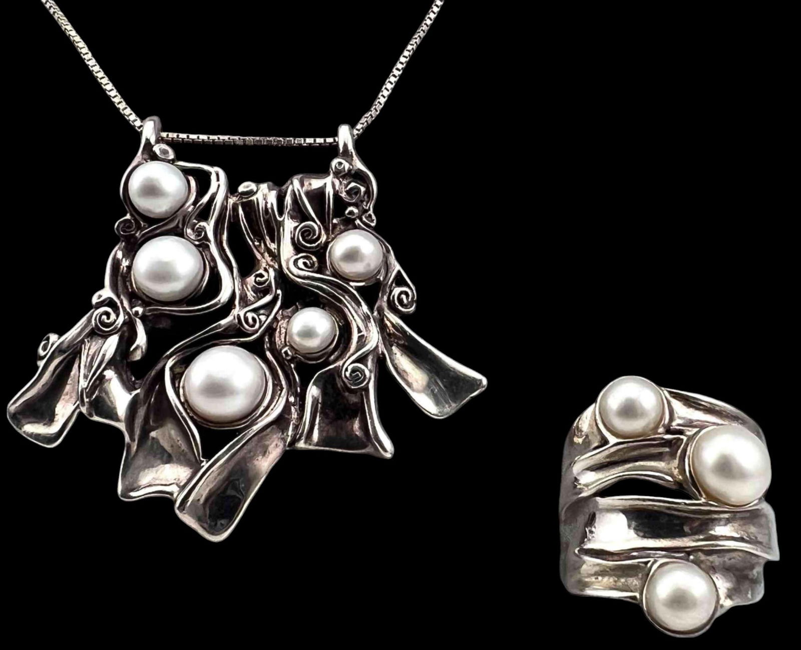 Sterling Silver Pearl Necklace & Ring Set (1 of 10)