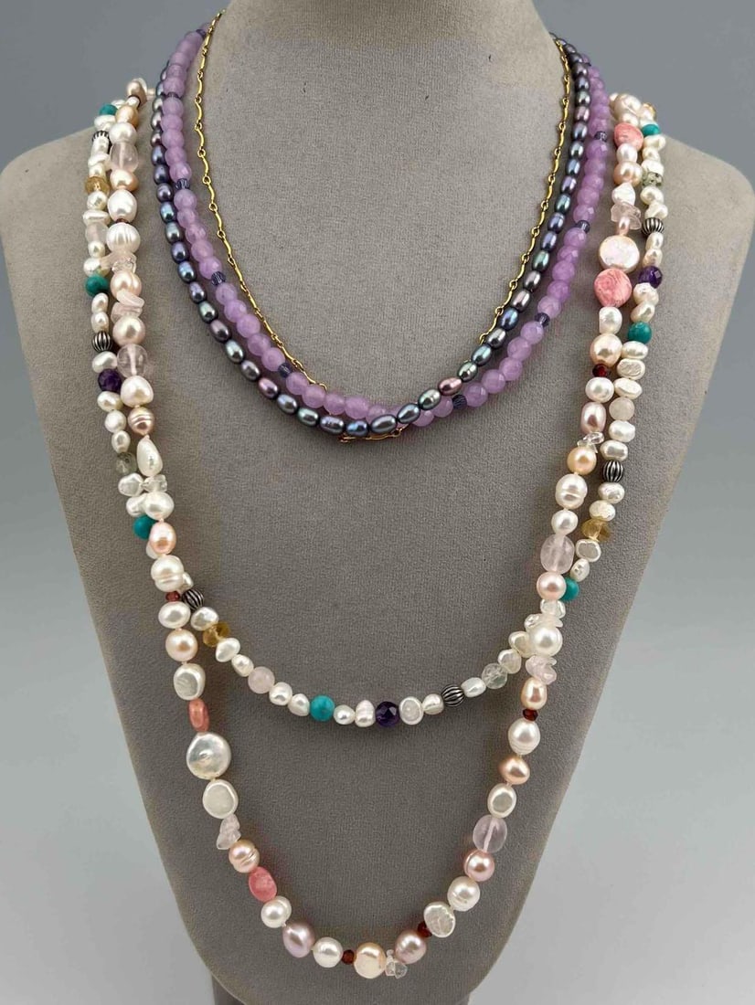 Three Sterling Silver Freshwater Pearl & Semiprecious Stone Necklaces (1 of 9)