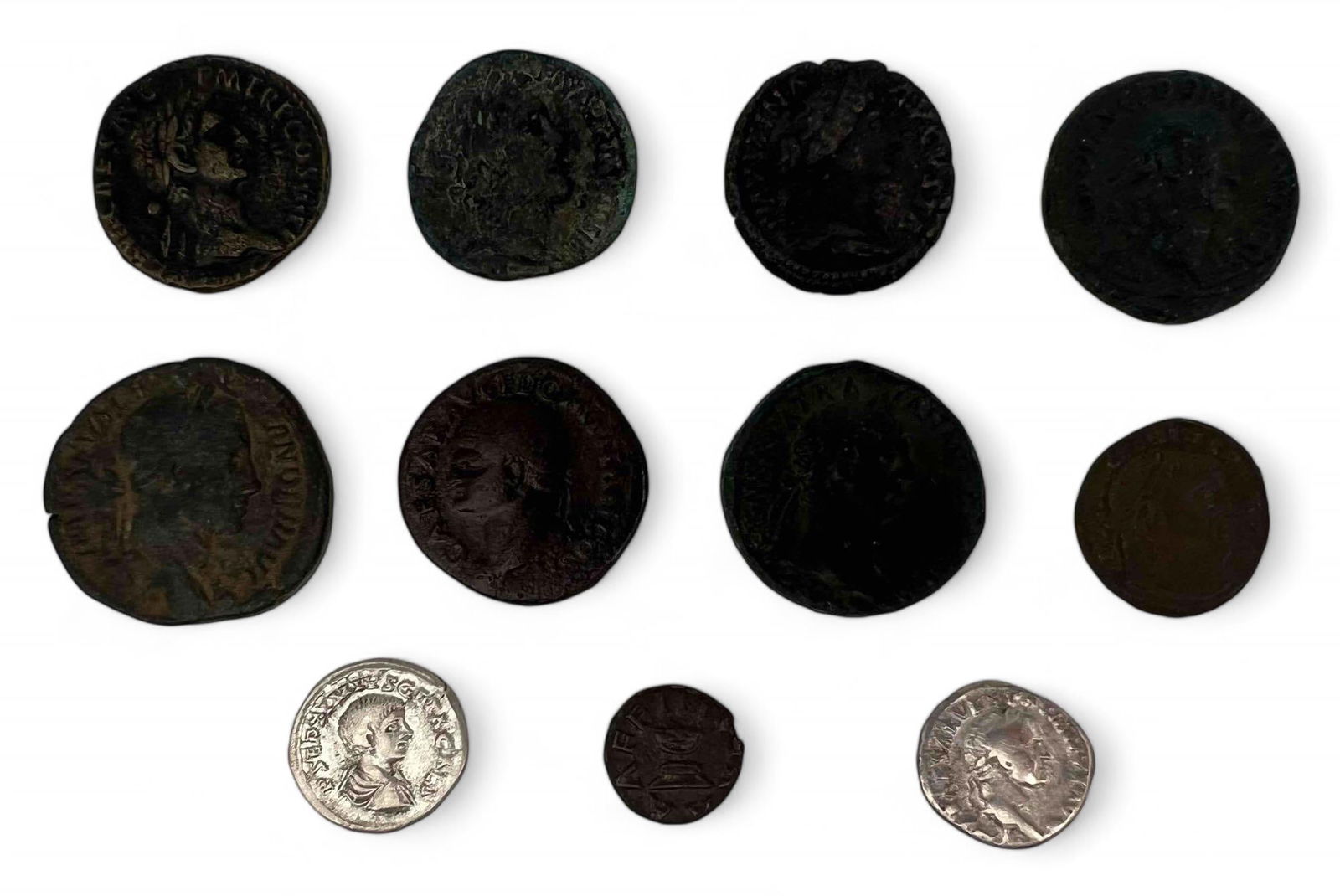 11 Ancient Roman Coins, Geta, Augustus, Domitian, Nerva, Severus Alexander, Trajan, Antoninus Pius, (1 of 7)