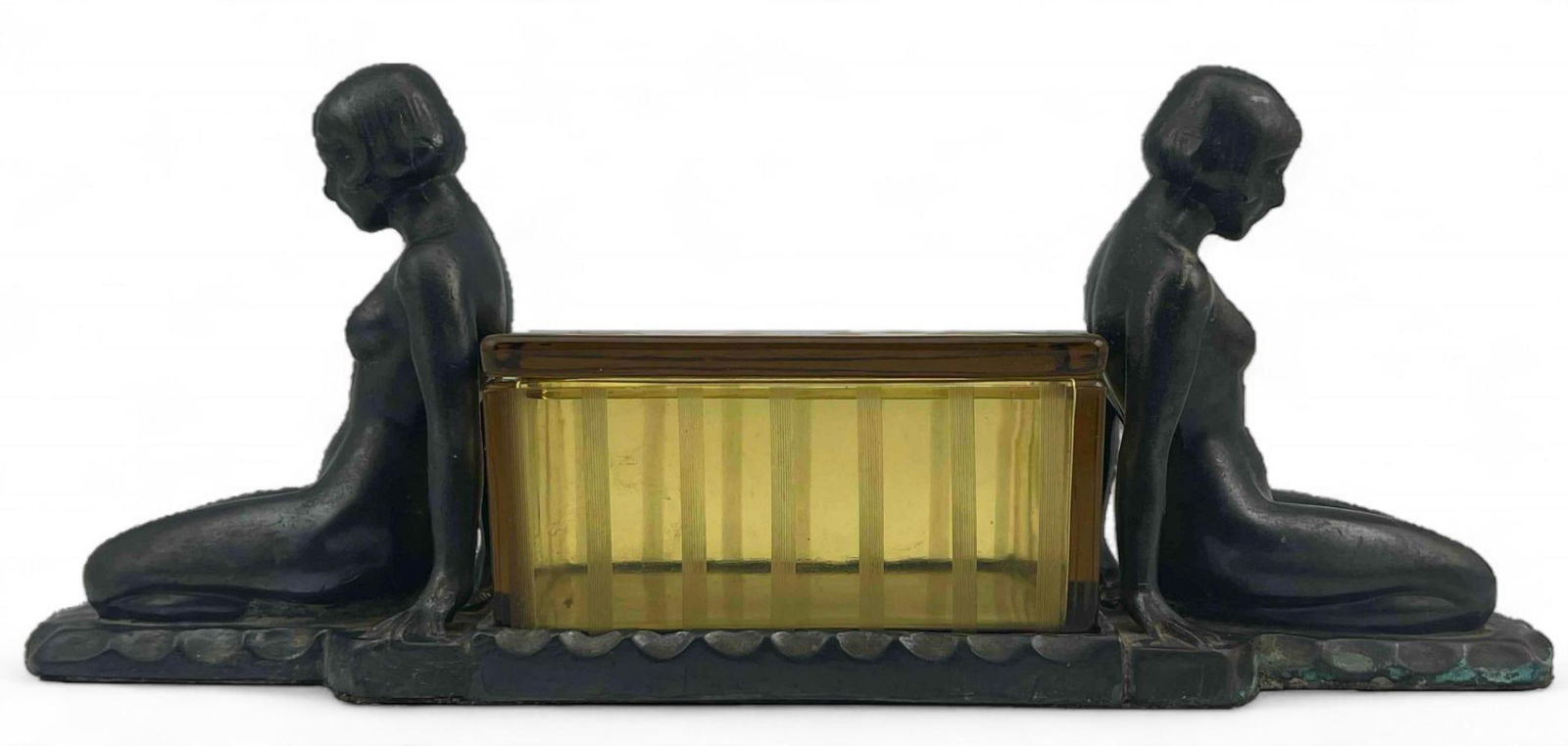 Art Deco Figural Spelter & Etched Glass Cigarette Box (1 of 11)