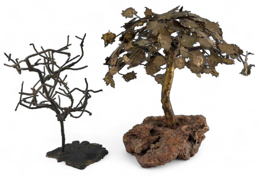 Two Albert Guibara (American, B. 1944) Brutalist Bronze Mixed Metal Tree Sculptures: Two Albert Guibara (American, B. 1944) Brutalist Bronze & Mixed Metal &Tree Sculptures. Signed Guibara. Larger approximately 10.75H x 9.75W x 8.5D in. Smaller approximately 9.125H x 8.25W x 7.25D in.