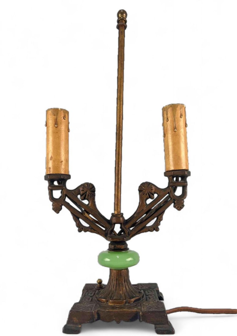 Art Deco Cast Metal Jadeite Glass Table Lamp (1 of 13)
