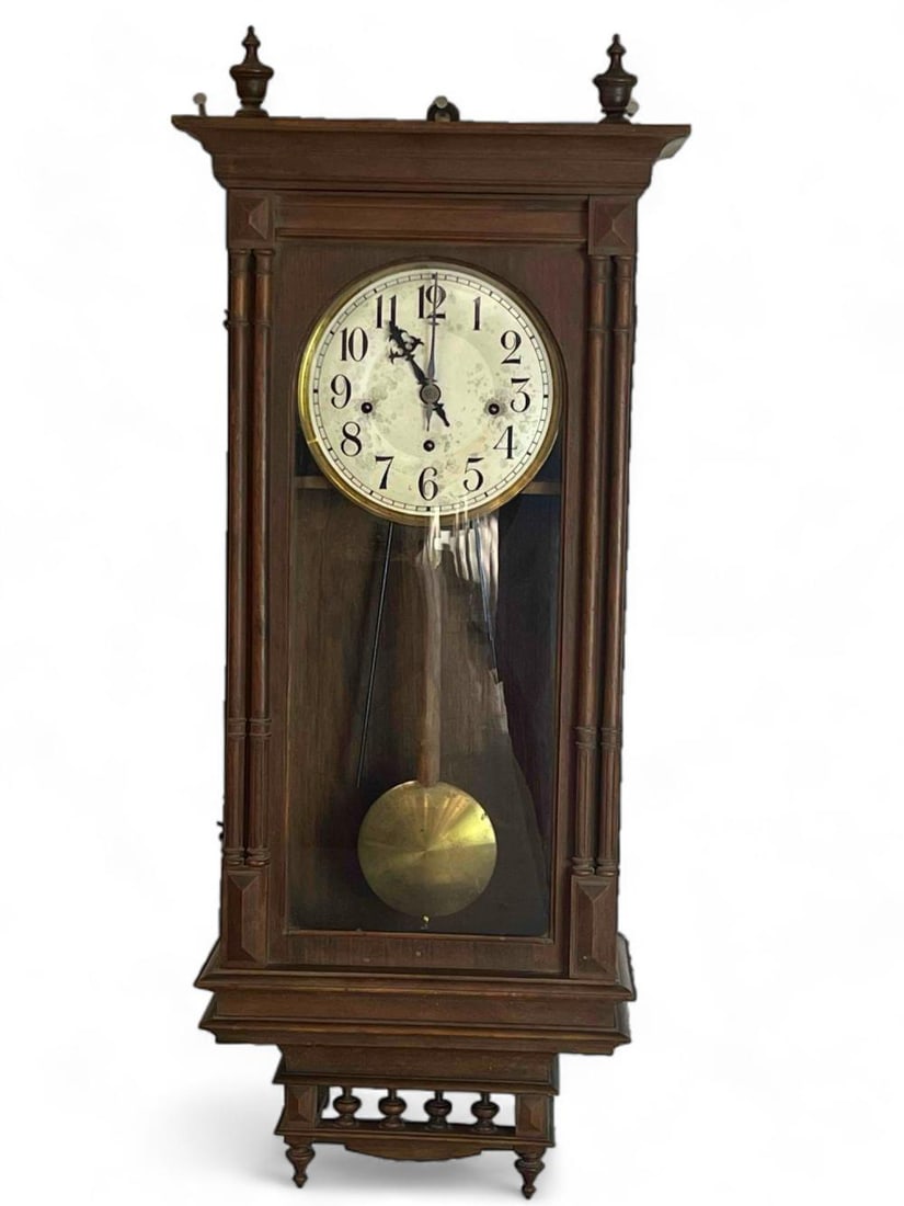 Antique Lorenz Furtwangler & Sohn German Wall Clock: Antique LFS Lorenz Furtwangler & Sohn German Wall Clock. No key, unknown running condition. Approximately &37.75H x 15.625W x 7.875D in.