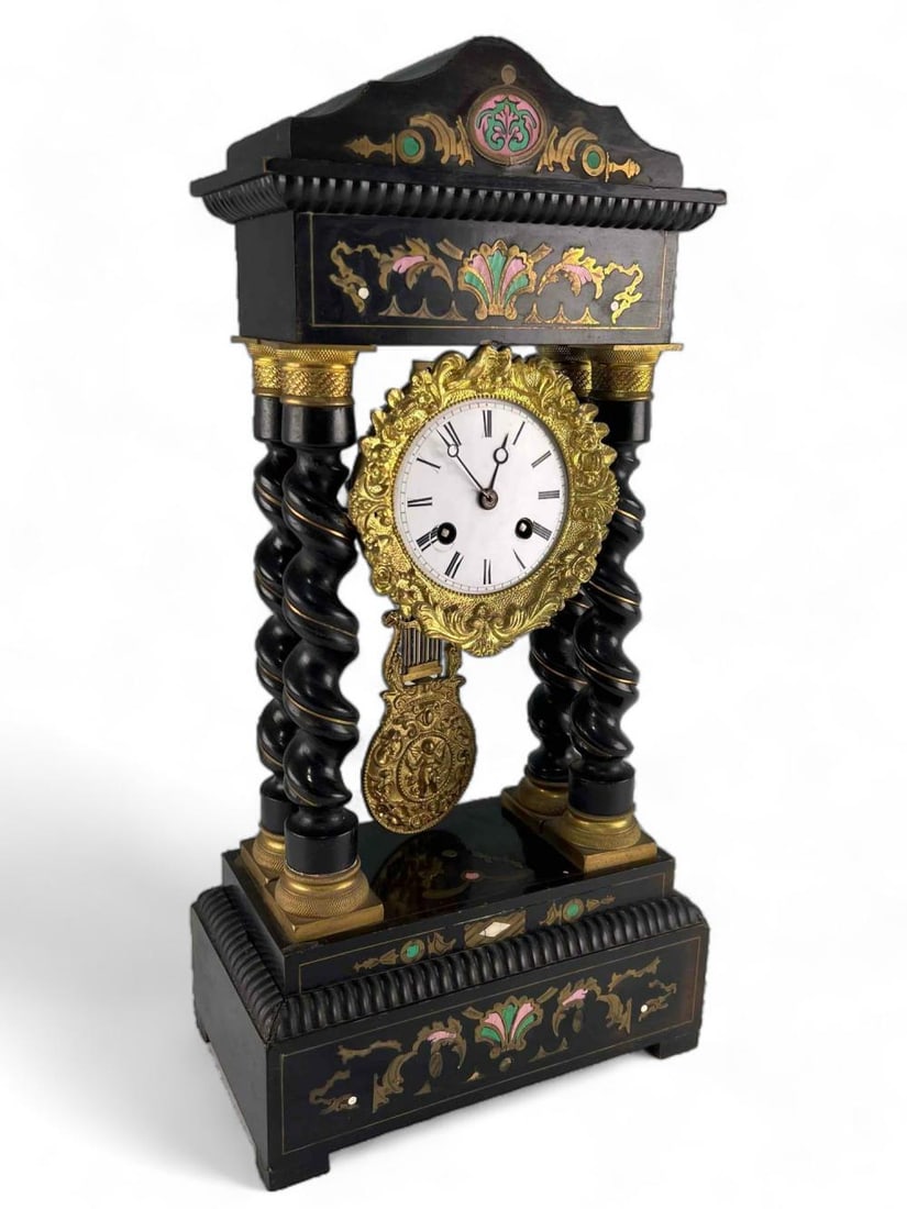 Antique French Enameled Portico Clock: Antique French Enameled Portico Clock. Unknown running condition, no key. Approximately 17.75H x 8.875W x 5.0D in.