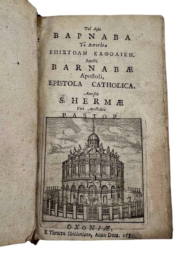 Sancti Barnabae Apostoli Epistola Catholica, C. 1685: Sancti Barnabae Apostoli Epistola Catholica. Accessit S. Hermae viri apostolici Pastor. OXONIAE, E Theatro Sheldoniano, Anno Dom, 1685. Approximately 5.25H x 3.25W x 0.75D in.