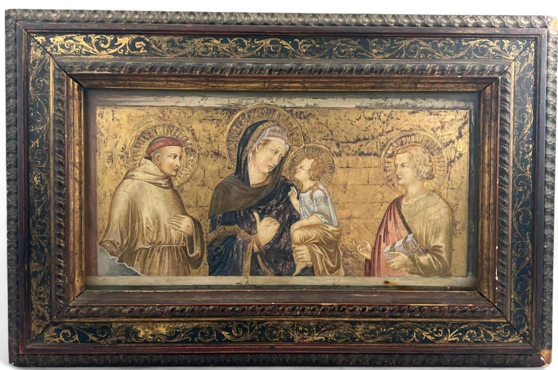 After Pietro Lorenzetti (1280-1348), Madonna With St Francis & St. John, Oil On Wood Panel (1 of 17)
