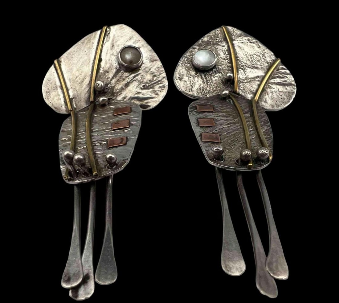 Manner Of Ed Wiener, Sterling Silver Modernist Earrings: Manner Of Ed Wiener, Sterling Silver Modernist Earrings, 10.5g. Unsigned, test as sterling silver. Approximately 2.5L x 1.0W in.