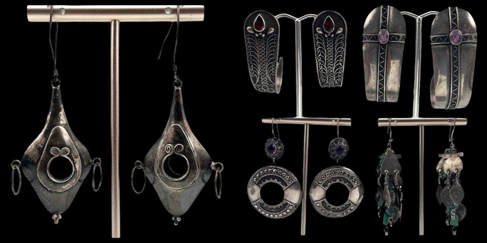 Five Pairs Sterling Silver Tribal Earrings, Including Garnets & Amethyst (1 of 20)