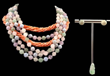 Grouping Of Coral & Semiprecious Stone Jewelry: Grouping Of Coral & Semiprecious Stone Jewelry. Post earrings unmarked, test as 14k. Lot includes carved coral & freshwater pearl necklace, two rose quartz and amethyst beaded necklaces, and jade