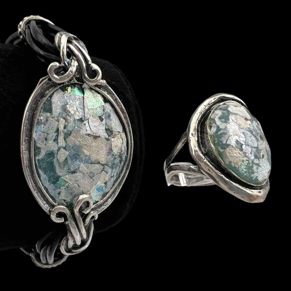Sterling Silver Roman Glass Bracelet & Ring Set (1 of 15)